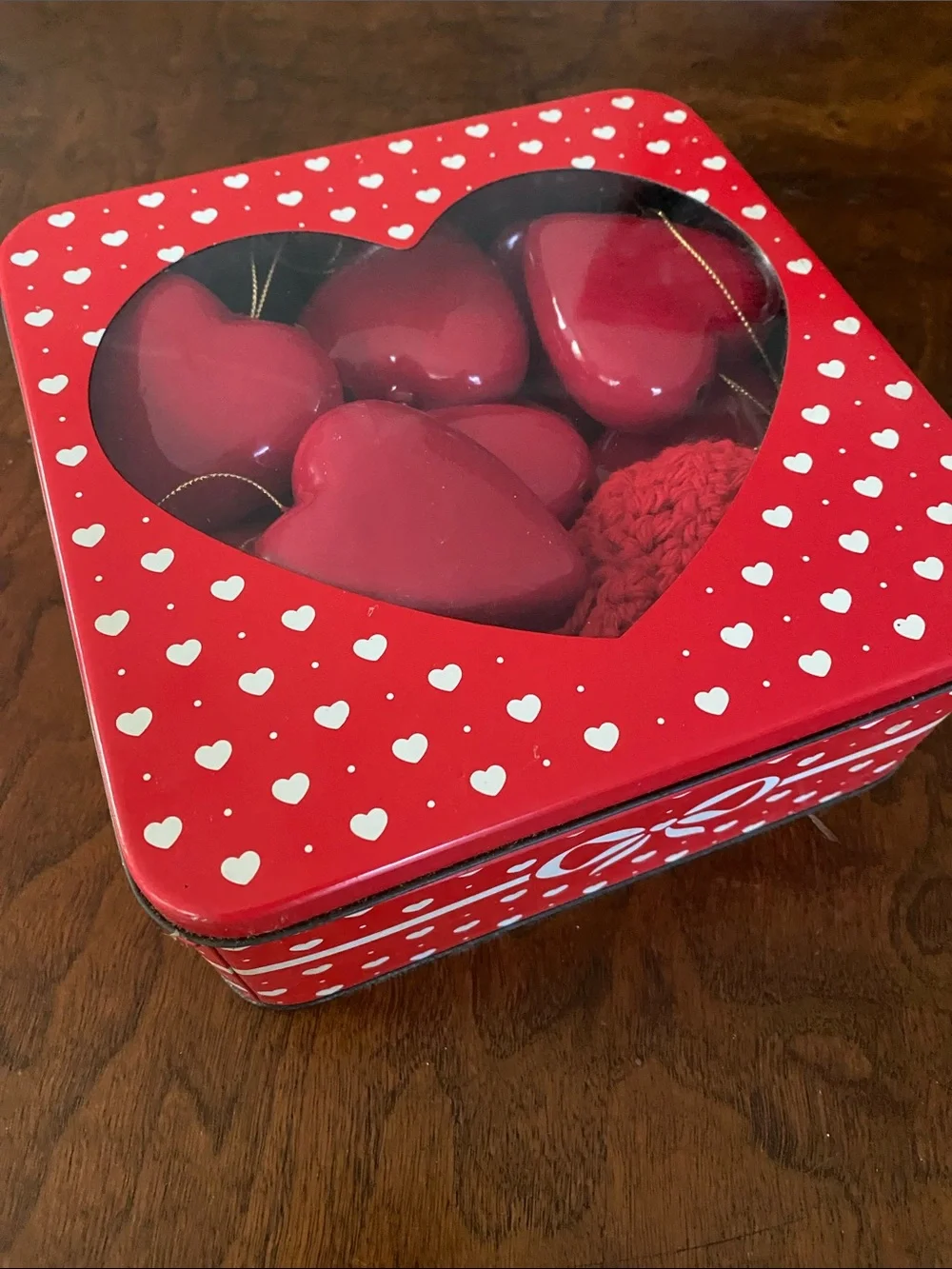 Vintage Valentine Tin Box full of Heart Ornaments